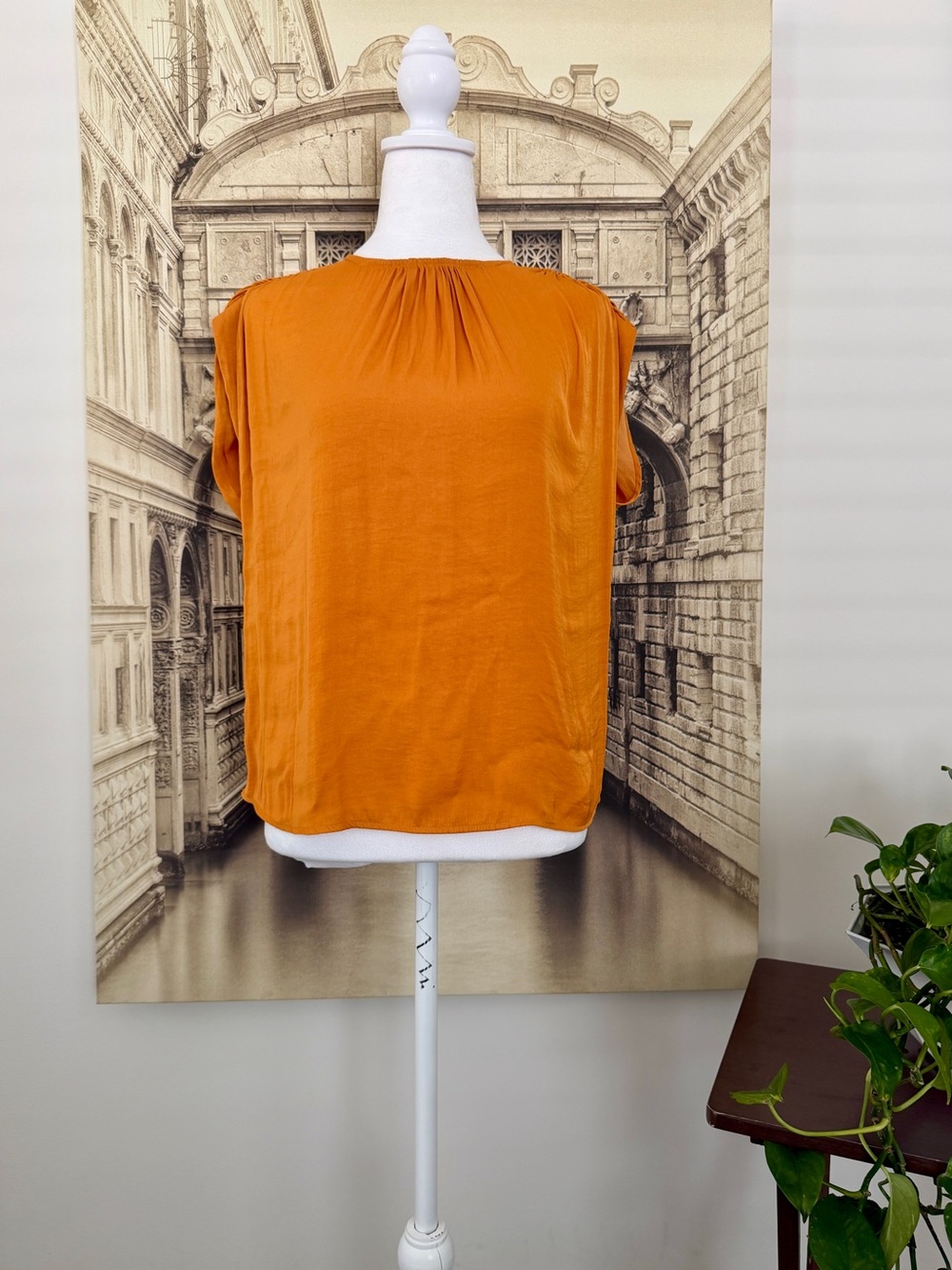 Mustard Yellow Gathered Neck Cap Sleeve Blouse Top Size XS